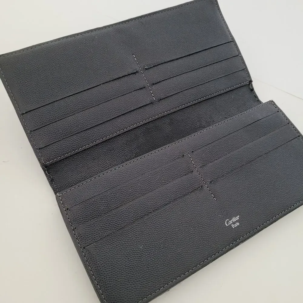 Cartier Santos Bifold Card Holder Checkbook Black Wallet Long Grain Leather